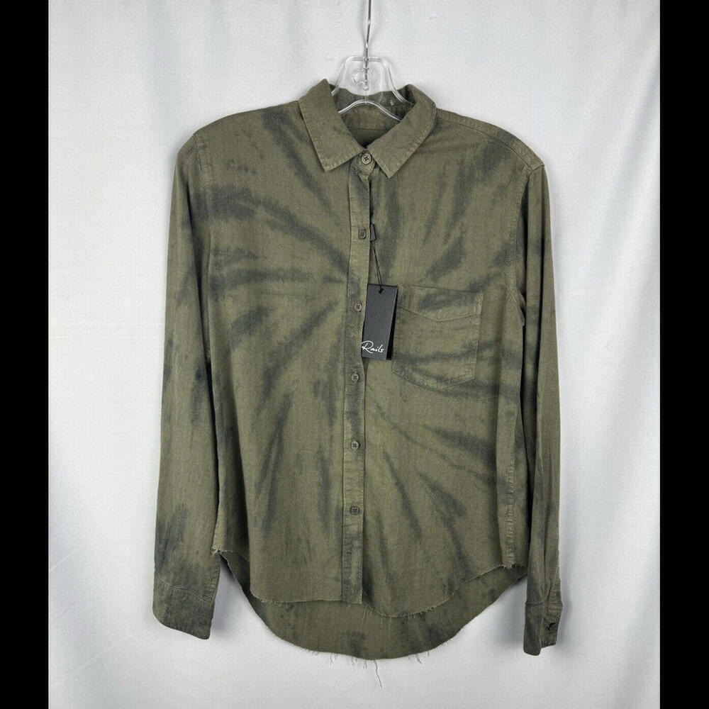Rails Ingrid Raw Hem Button Down Shirt Olive Black Tie Dye Size XS